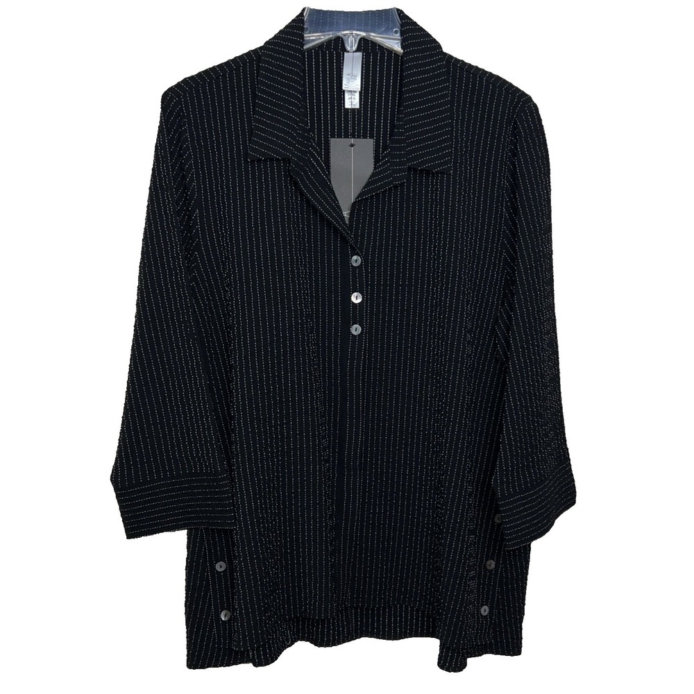 Marla Wynne Tunic Womens Size XL Black Dot Stripe Button Front Crinkle D2‎